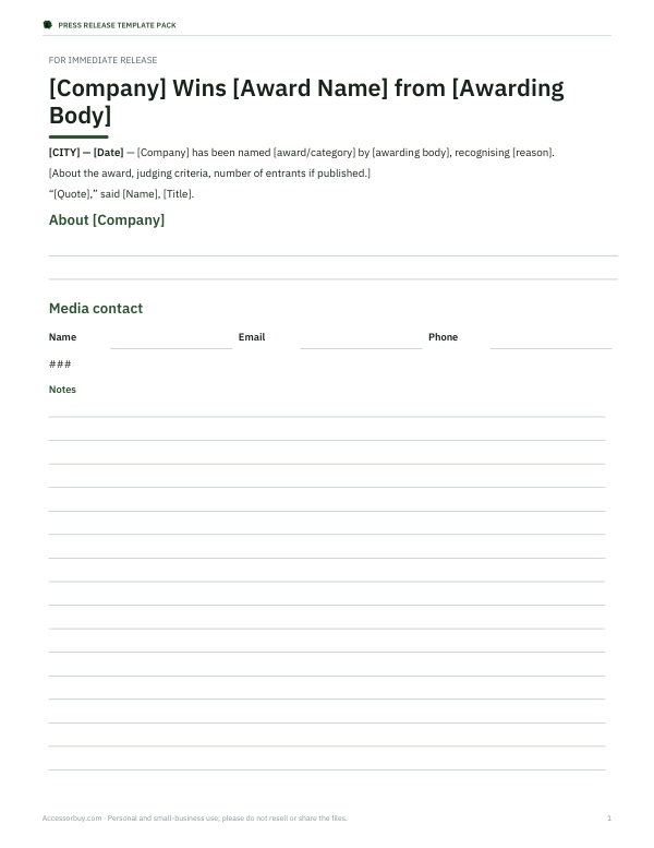 Preview of Award Recognition Press Release Template