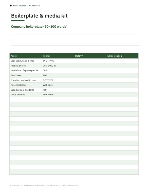 Preview of Boilerplate and Media Kit Checklist