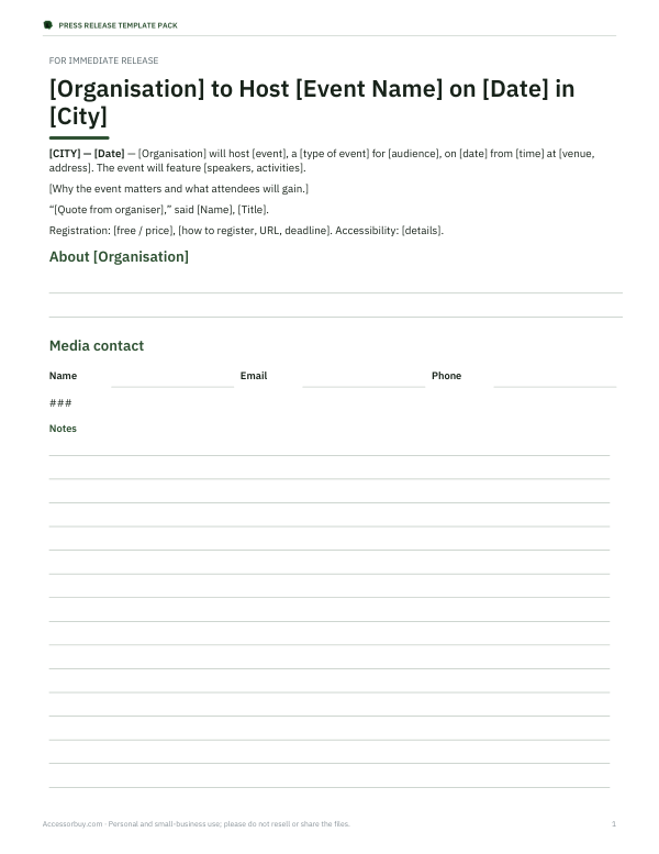 Preview of Event Announcement Press Release Template