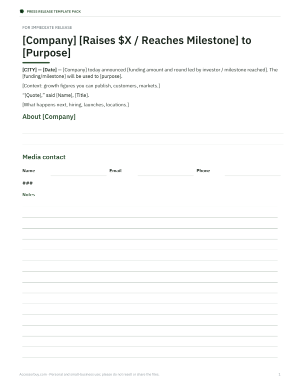 Preview of Funding Press Release Template
