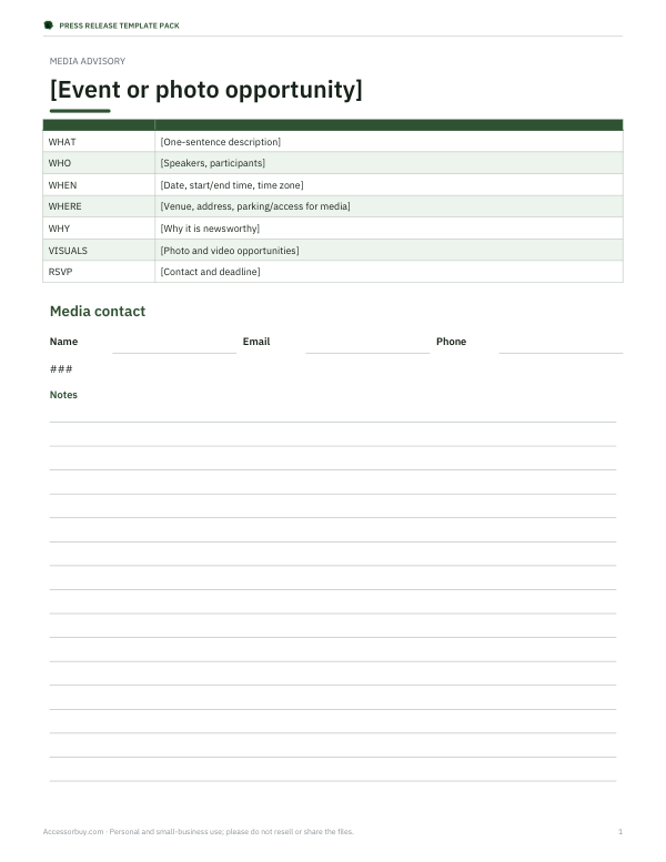 Preview of Printable Media Advisory Template