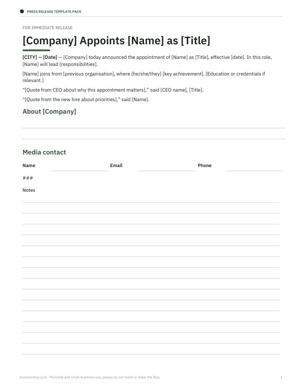 Preview of New Hire Press Release Template